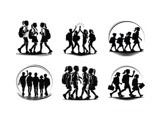 Silhouettes of school students with backpacks walking together representing friendship and a back to school concept