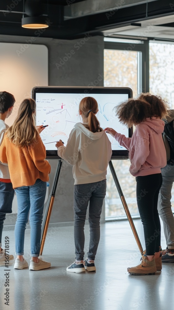 Poster Elementary students working together on digital whiteboard, solving math problems and interacting with educational technology in contemporary classroom environment