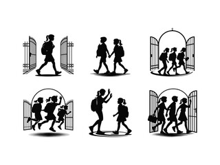 Silhouettes of students with backpacks entering the school gate representing the concept of back to school and education