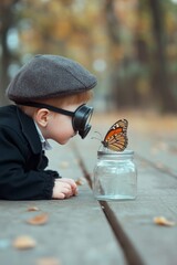 Child wearing protective goggles observes a butterfly, symbol of allergy anxiety and overprotection