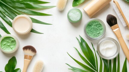 Flat lay of eco beauty items arranged in frame composition with bamboo brushes, glass containers, and matcha powder, soft natural light and fresh green accents