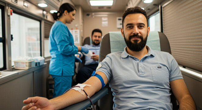 Man Donating Blood in Mobile Blood Bank