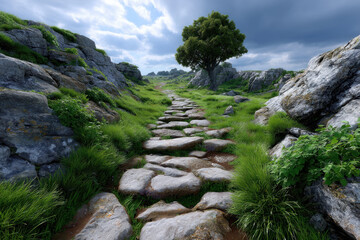 Scenic pathway through rocky terrain leading to a solitary tree under cloudy skies