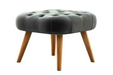 Stylish Black Leather Ottoman Pouf Footstool with Wood Legs Modern Living Room Furniture Round on transparent background