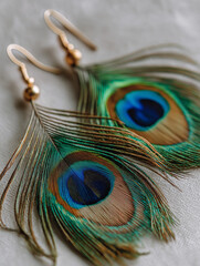 Naklejka premium Peacock Feather Earrings: Detailed capture of unique handcrafted earrings featuring striking peacock feathers, showcasing their vibrant color and intricate patterns.