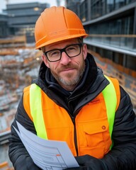 Structural engineer inspects steel framework and reviews construction plans at busy building site in winter