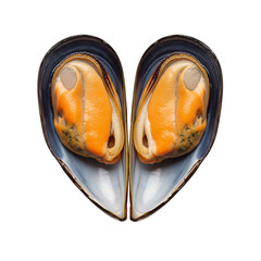 Opened mussel forming heart shape with orange flesh, isolated on white background Generative Ai.