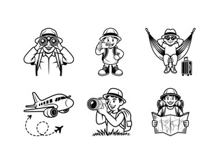 Obraz premium Vacation-themed line art with a tourist taking photos, relaxing in a hammock, and an airplane for holiday travel