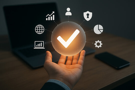 Hand cradles glowing sphere with checkmark, surrounded by business and data icons, representing successful outcomes and verified processes