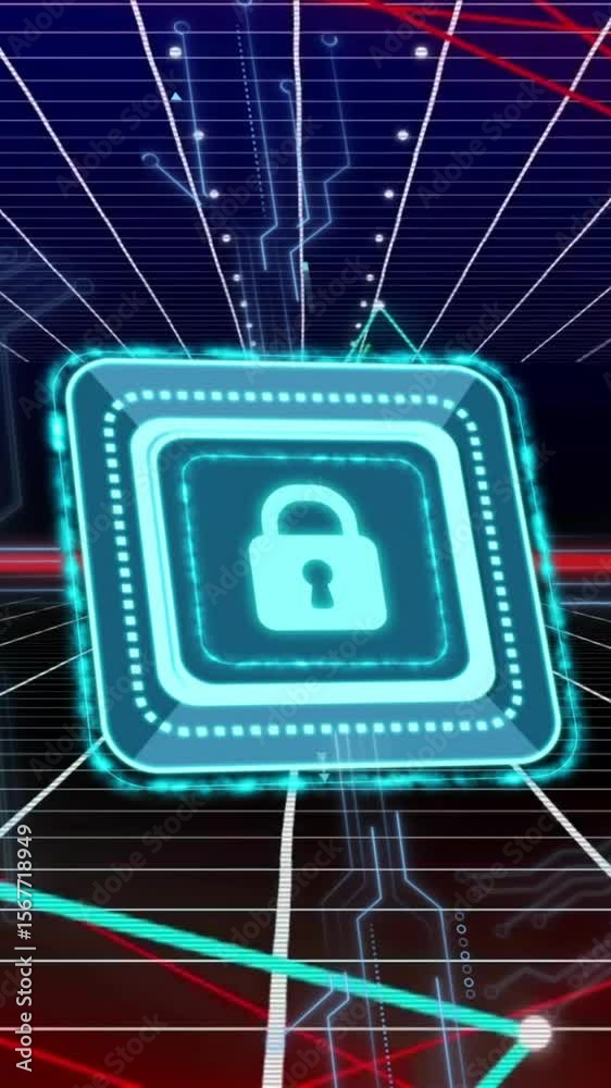 Poster animation of padlock icon with computer circuit board over shapes and lines on black background