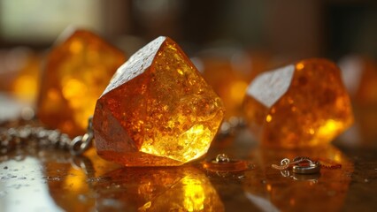 Close up image of amber jewelry
