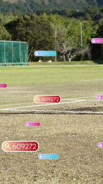 Animation of social media notifications over roller and stumps on cricket pitch