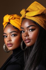 Two confident women showcase vibrant fashion and beauty styles with stunning afro hairstyles and bold accessories in soft lighting