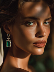 Elegant Woman Portrait with Emerald Earring: A woman in a close-up portrait, adorned with emerald earring, radiates elegance and allure under gentle shadows.