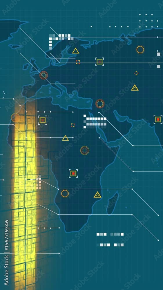 Poster animation of falling yellow blocks and data processing over blue world map