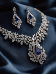 Elegant Diamond Jewelry: An exquisite diamond necklace and earrings set rests on a luxurious satin surface, showcasing the brilliance of the gems and evoking feelings of sophistication and beauty.
