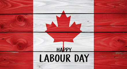 A "Happy Labour Day" greeting with a rustic feel. Features casual, handwritten style font over a background of the Canadian flag on weathered wood.