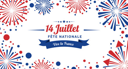 Obraz premium Festive 14 Juillet (Bastille Day) illustration featuring red, white, and blue fireworks and celebratory text, perfect for holiday promotions and events in France.