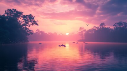 Obraz premium Peaceful sunrise over tropical river with dolphin fin emerging high resolution picture