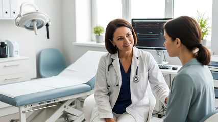 Female doctor consulting in clean clinic, perfect for healthcare and medical branding