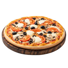 Whole Italian pizza with cheese, tomatoes, mushrooms, and olives on wooden board, isolated on white background Generative Ai.