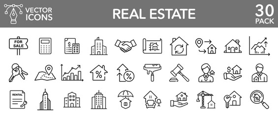 Real estate property investment house home realtor vector line icons set