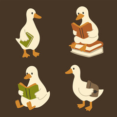 Hand-Drawn Cartoon Duck Reading a Book.Cute Animal Illustration.