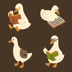 Hand-Drawn Cartoon Duck Reading a Book.Cute Animal Illustration.