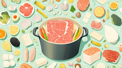 Colorful Food Preparation with Fresh Ingredients Around a Pot