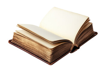 Open book with blank pages vintage aesthetic journal aged paper texture literature writing on transparent background