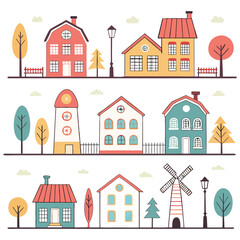 A collection of various stylized houses and buildings