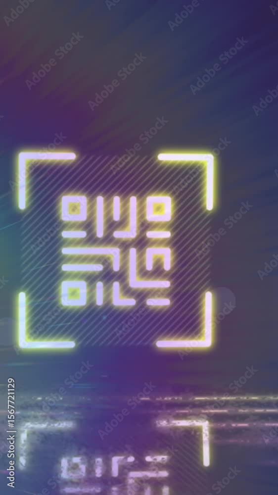 Poster animation of neon qr code with lines and light trails over black background