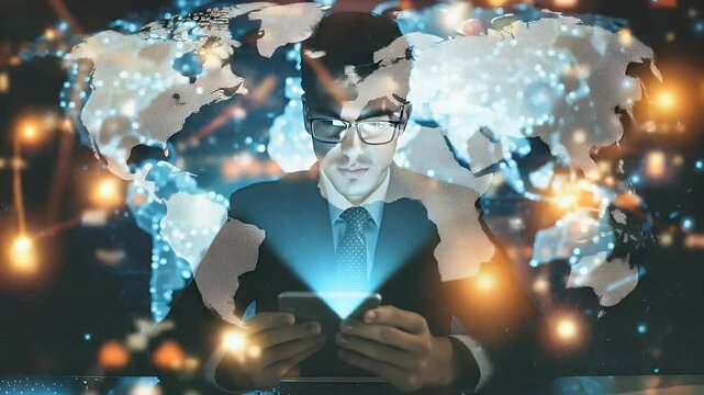 Businessman with eyeglasses in suit using smartphone against the background of world map with digital connection and glowing light effects - Powered by Adobe