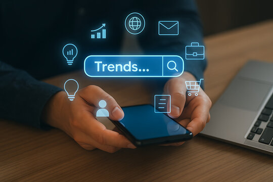Person holding a smartphone with a holographic search bar for trends and business icons floating around