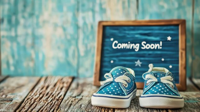 A creative pregnancy announcement with baby shoes and a sign reading "Coming Soon!" - Powered by Adobe