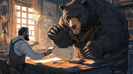 Man at Desk Confronts Large Bear in Artistic, Thought-Provoking Scene