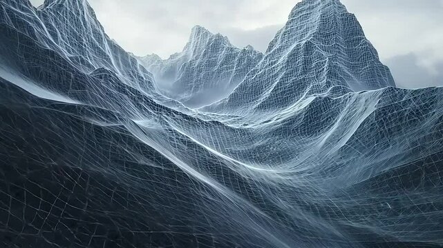 Abstract representation of a mountainous landscape with a wireframe structure, conveying depth and texture