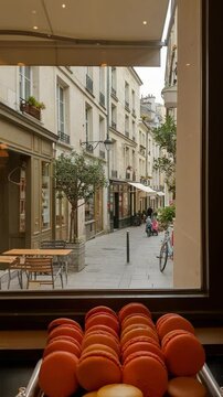 Colorful French macarons on a silver tray in a patisserie window. A scenic view of a classic European street in Paris, France.