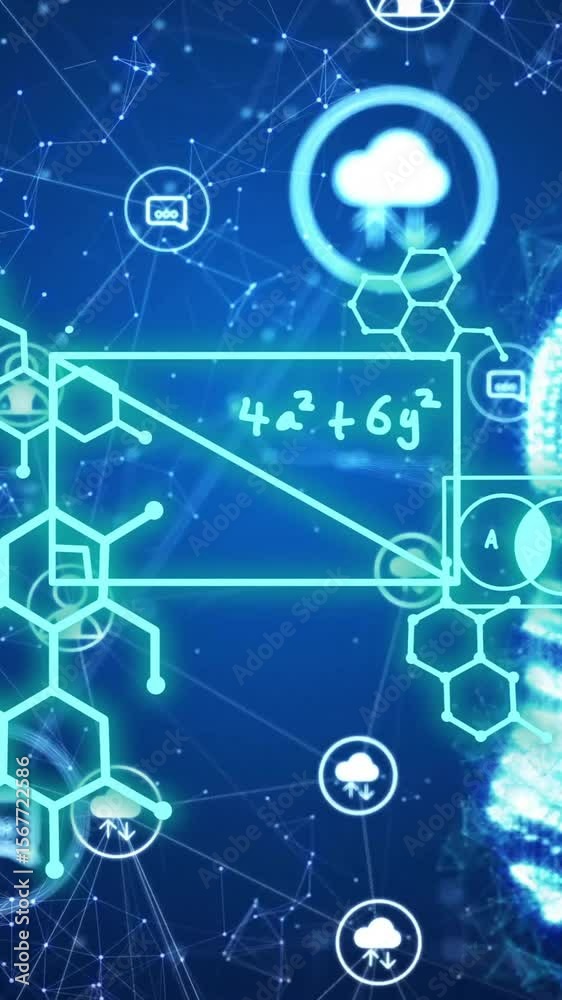 Poster animation of element diagrams over light bulb and data networks on blue