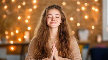 Mindful meditation in a soft-lit classroom enhances calm and relaxation for a young woman