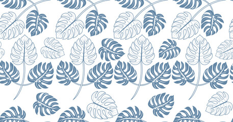 Seamless tropical pattern with blue leaves in alternating filled and outline styles on white background. Ideal for botanical designs, summer textiles, wallpaper, and eco-themed graphics.