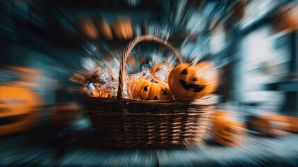 Soft focus concept and background burred. Gift basket of Halloween. 