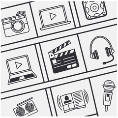 Video player thin line icon set. Containing play or start button, pause or stop, media, camera, live, cinema, multimedia, film, handycam, clapperboard, movie, streaming or online video. Vector
