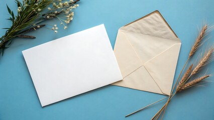 Blank invitation card and envelope on blue background, top view. Space for design,envelope, letter, mail, paper, blank, post, message, communication, correspondence, open, card, business, postal, offi