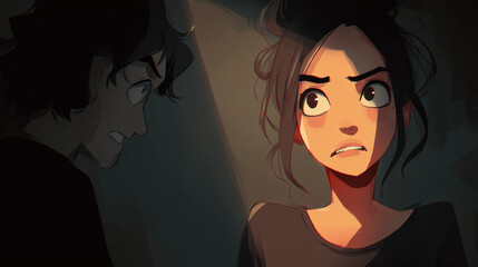 Angry woman dark anime style manipulative dramatic lighting emotional cartoon expressive face shadow confrontation intense