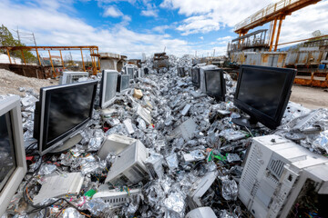 Electronic waste accumulation at a recycling facility under a cloudy sky