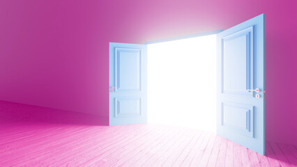 Light streaming through an open double door illuminates an empty pink room with a wooden floor, creating a vibrant atmosphere filled with possibilities and new beginnings