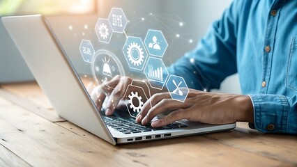 Man typing on a laptop with a glowing network of digital icons representing technology and business processes