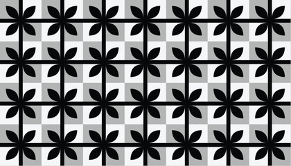 Seamless monochrome floral pattern featuring black petals over alternating grayscale blocks in a geometric layout