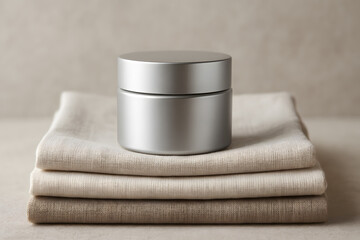 Silver Container on Linen: A sleek silver container rests elegantly on a stack of soft, neutral-toned linen fabric, creating a minimalist and sophisticated aesthetic.